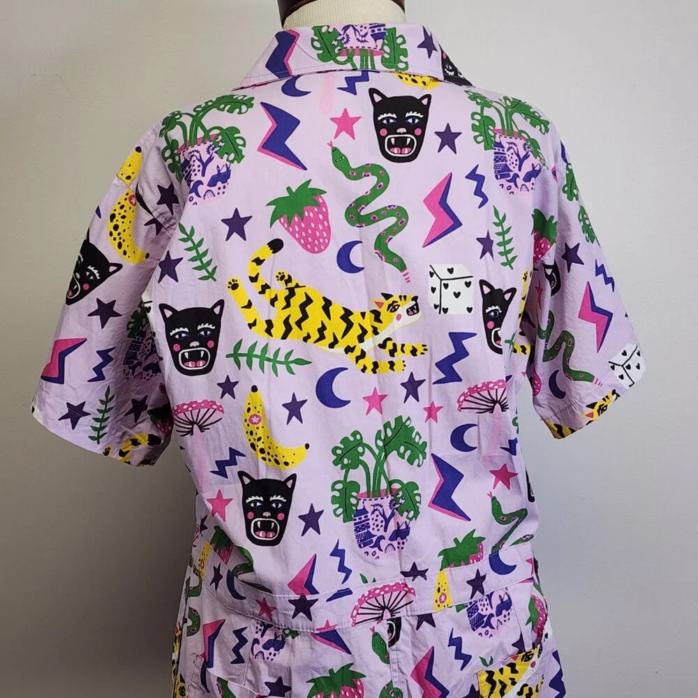 Nooworks Coveralls Short Sleeve Jumpsuit in Hastings Print Womens XXL Lavender - Picture 9 of 13